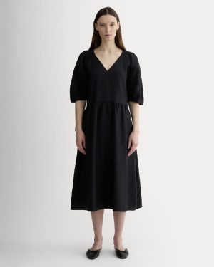 The Linen Oversized Puff-Sleeve Dress | Black