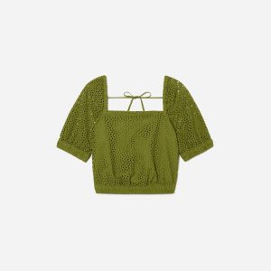 The Eyelet Puff Sleeve Top | Moss