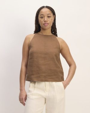 The Linen High-Neck Tank | Carob Brown