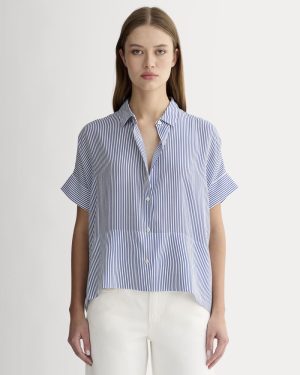 The Boxy Shirt in Washable Silk | Blue / White