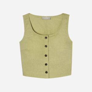 The Linen Button-Front Crop Tank | Leek