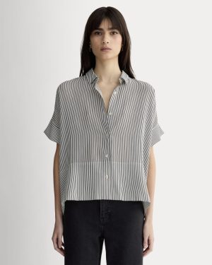 The Boxy Shirt in Washable Silk | Black Micro Stripe