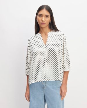 The Hammered Satin Balloon Sleeve Top | Bone / Black Polka Dot