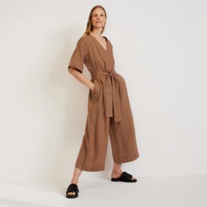 The Wrap Jumpsuit in Linen | Carob Brown