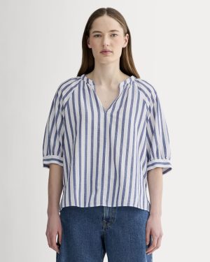 The Gauze Gathered Top | White / Mazarine Blue
