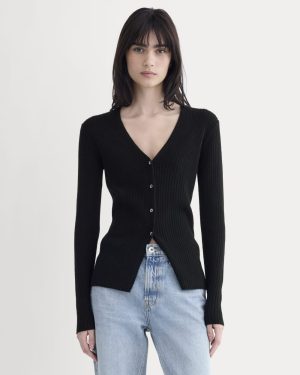 Cashmere Ribbed V-Neck Cardigan | Black