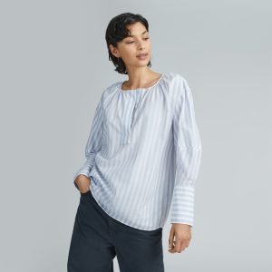 The Silky Cotton Balloon Sleeve Top | Periwinkle / White