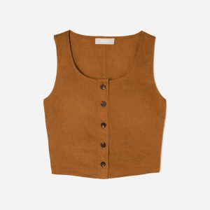 The Linen Button-Front Crop Tank | Tawny Brown