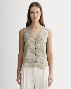 The Vest in Stretch Linen | Deep Taupe Mini Gingham
