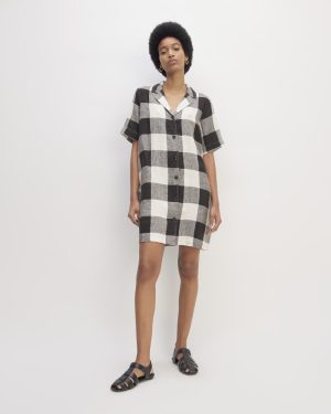 The Shirtdress in Linen | Bone / Black Check