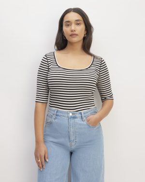 The Luxe Rib Scoop-Neck Tee | Bone / Black