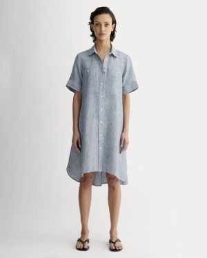 The Daytripper Dress in Linen | White / Blue