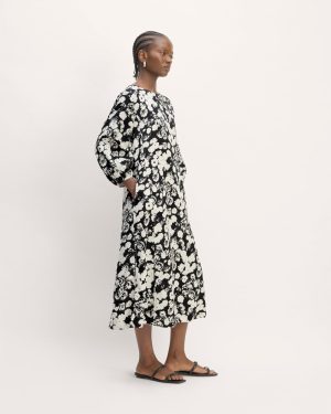 The Linen A-Line Midi Dress | Black / Bone Floral